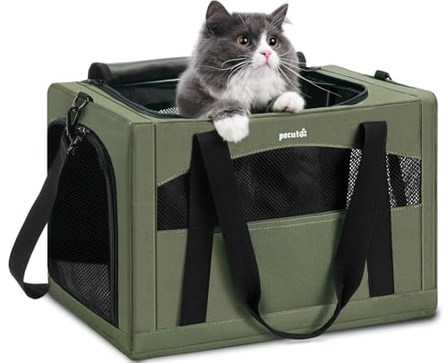 pecute Katzentasche Transporttasche Stabiler Halt Haustier Tragetasche, Transportbox Katze Leicht, Faltbar Katzen Tasche für Katzen und kleine Hunde, ideal für Reisen, Dunkelgrün von pecute