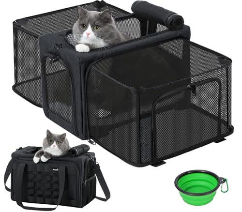 pecute Katzentransportbox Erweiterbar Katzenbox für 2 KatzenTransportbox Katze Groß, Hund Welpen, Faltbar Hundetransportbox Zusammenklappbare Transporttasche Katze Transport, Dunkelgrau von pecute
