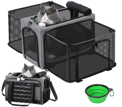 pecute Katzentransportbox Erweiterbar Katzenbox für 2 KatzenTransportbox Katze Groß, Hund Welpen, Faltbar Hundetransportbox Zusammenklappbare Transporttasche Katze Transport, Hellgrau von pecute