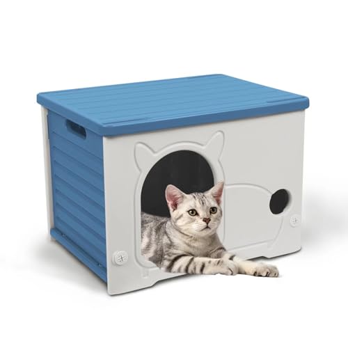Pempet Katzenhaus aus Kunststoff, niedlich, wasserdicht, wilde Katze, Unterschlupf für drinnen und draußen, Blau Pempet Katzenhaus aus Kunststoff, niedlich, wasserdicht, wilde Katze, Unterschlupf für drinnen und draußen, Blau von pempet