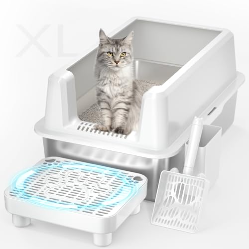 Katzentoilette aus Edelstahl, extra große Metall-Katzentoilette für große Katzen, hochseitige Katzentoilette mit Deckel, leicht zu reinigen, geruchlos, Anti-Urinleckage, inklusive Schaufel, einfache Katzentoilette aus Edelstahl, extra große Metall-Katzentoilette für große Katzen, hochseitige Katzentoilette mit Deckel, leicht zu reinigen, geruchlos, Anti-Urinleckage, inklusive Schaufel, einfache von perehome