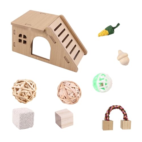 perfk Hölzernes Meerschweinchen-Schloss-Versteck, interaktives Haustierspielzeug, Hamster-Spielzeugset für den Innenbereich, Spielzeug für Hamster von perfk