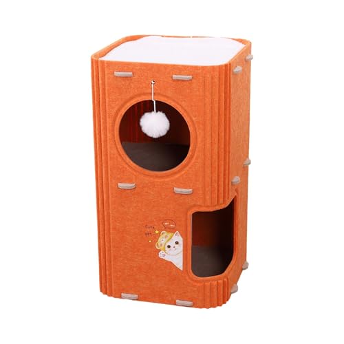 perfk Katzenkletterhaus Katzenkletterbaum Stabiler Tunnel Aktivitätsspielhaus Geschlossene Ruhe Gemütliche Indoor-Katzen Haustier-Eigentumswohnung Kratzbaum, 2-lagig Orange von perfk