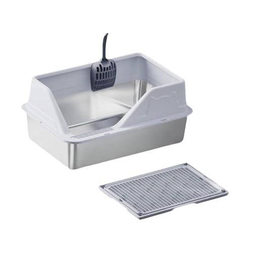 perfk Katzentoilette aus Edelstahl, Katzentoilette, leicht zu reinigen, spritzwassergeschützte Katzensandbox, antihaftbeschichtet, inklusive Schaufel für, Hellgrau von perfk