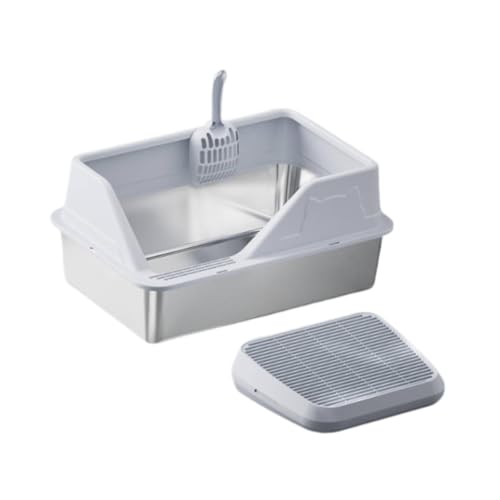 perfk Katzentoilette mit hohen Seiten und Katzenstreurampe, Katzensandbecken gegen Spritzen, inklusive Schaufel für mehrere Katzen, Hellgrau von perfk