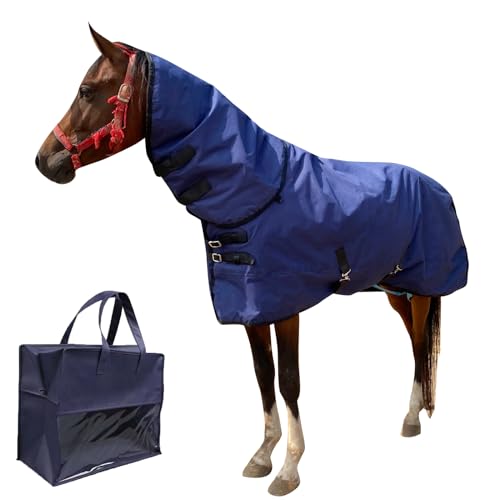 Pferdedecke für den Winter, 1200D (400 g Füllung), mit abnehmbarem Halsschutz, wasserdicht, verdickte Pferdedecke, Marineblau, 183 cm von perixir