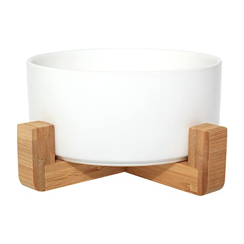 Keramiknapf mit Bambusständer für Hunde & Katzen, erhöhter Napf für eine bequeme Position beim Essen und Trinken, Optionen, 850 ml Fassungsvermögen (Weiß) von pet wiz