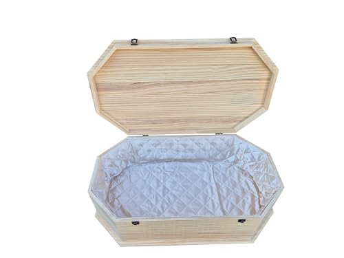 petbye Holz Haustiersarg achteckig Natur belassen – Größe 3XL für große Haustiere – Tiersarg mit Satin-Innenbezug & festem Metallverschluss – Premium-Sarg aus hochwertigem Holz von petbye