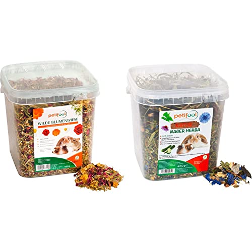 petifool Wilde Blumenwiese 600g - Ergänzungsfutter für Nager - für Kaninchen, Meerschweinchen, Hamster, Chinchilla & mehr - ohne künstliche Zusätze & Nager Herba 430g - Alleinfutter für Nager von petifool