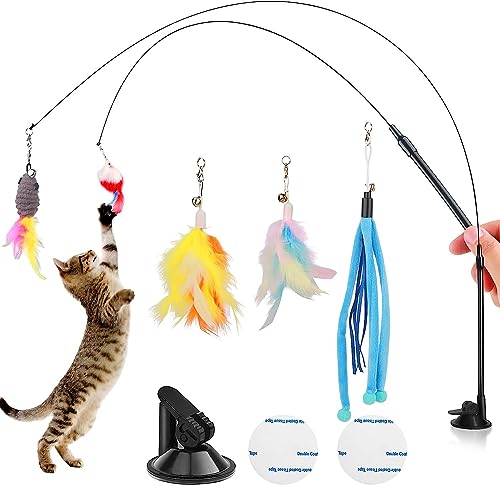 petizer Katzenspielzeug für Indoor-Katzen, 9 interaktive Katzenspielzeuge – 2 Katzenspielstäbe, 2 klebrige Super-Saugnäpfe und 5 natürliche Feder-Ersatz mit Glocke von petizer