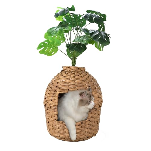 Petsome Katzentoilette mit künstlicher Pflanze, versteckte Katzentoilette Pflanze für große Katze, handgewebtes Rattan-Katzenbox mit Katzentoilette im Inneren (Natur, 16,4 x 19 H) von petsome