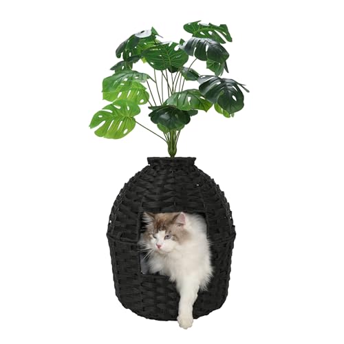 Petsome Katzentoilettengehege mit Kunstpflanze, versteckte Katzentoilette Pflanze für große Katze, handgewebtes Rattan-Katzenbox-Gehege mit Katzentoilette im Inneren (Schwarz, 16,4 x 19 H) von petsome