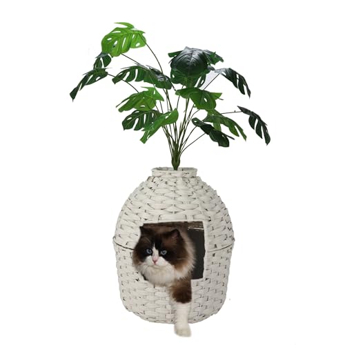 Petsome Katzentoilettengehege mit künstlicher Pflanze, versteckte Katzentoilette Pflanze für große Katze, handgewebtes Rattan-Katzenbox-Gehege mit Katzentoilette im Inneren (Weiß, 16,4 x 19 H) von petsome