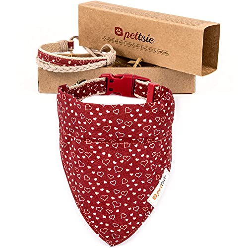 Hundehalstuch mit Halsband und Freundschaftsarmband von Pettsie, Verstellbare Größen S, M, und L, Abnehmbares Bandana Tuch, Geschenkbox inklusive, Hundeliebhaber, M, Rot von pettsie