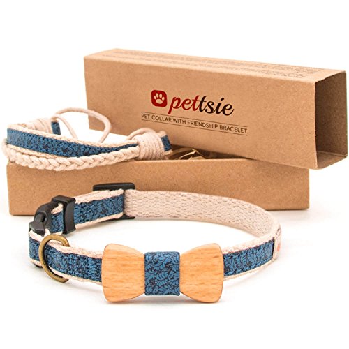 Pettsie Hundehalsband mit Fliege und Freundschaftsarmband, einstellbare Größen XS, S und M, Komfortables Designer Hanf, stark und langlebig, tolles Geschenk für Hundeliebhaber, S, Blau von pettsie