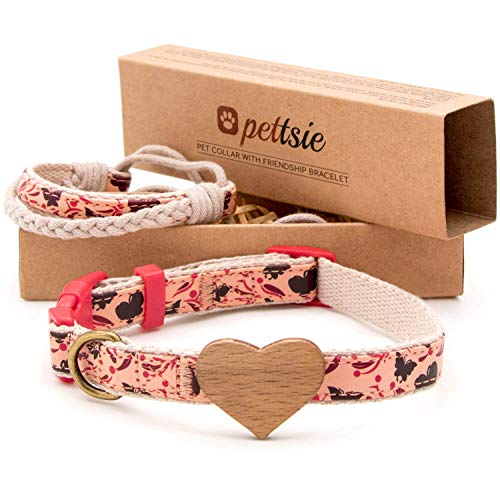Pettsie Hundehalsband mit Herz und Freundschaftsarmband, einstellbare Größen S und M, komfortables Designer Hanf, stark und langlebig, tolles Geschenk für Hundeliebhaber in attraktiver Verpackung, Rot von pettsie