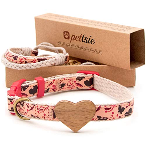Pettsie Hundehalsband mit Herz und Freundschaftsarmband, einstellbare Größen S und M, komfortables Designer Hanf, stark und langlebig, tolles Geschenk für Hundeliebhaber in attraktiver Verpackung, Rot von pettsie