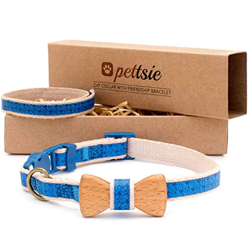 Pettsie Katzenhalsband mit Schleife & Freundschaftsarmband–Verstellbares Baumwoll-Halsband mit Sicherheitsverschluss für Katzen & Kätzchen–Geschenkset für Katzenfreunde & Tierliebhaber, 8-11'', Blau von pettsie