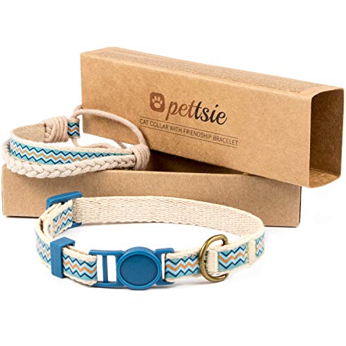 Pettsie Katzenhalsband mit Sicherheitsverschluss und Freundschaftsarmband für Sie, Starke Baumwolle, D-Ring für Zubehör, einstellbare Größe 12,7-20,3 cm, Blau von pettsie