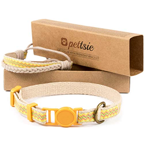Pettsie Katzenhalsband mit Sicherheitsverschluss und Freundschaftsarmband für Sie, Starke Baumwolle, D-Ring für Zubehör, einstellbare Größe 19-29 cm, Gelb von pettsie