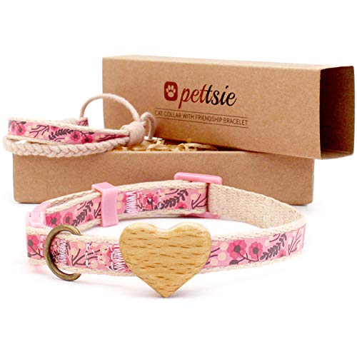 Pettsie Katzenhalsband mit Sicherheitsverschluss und Herz aus hochwertigem Buchenholz, Freundschaftsarmband für Sie, Starke Baumwolle, D-Ring für Zubehör, einstellbare Größe 20,3-28 cm, Rosa von pettsie