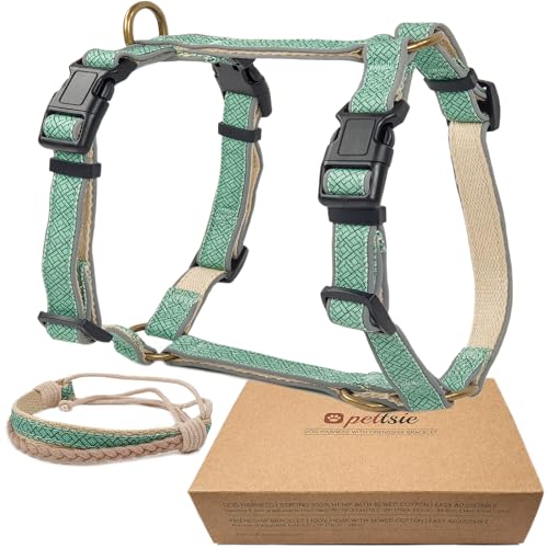 Pettsie No-Pull Hundegeschirr, reflektierend, 4 verstellbare Riemen, einfache Kontrolle mit 2 Leinenclips, passendes Freundschaftsarmband, weicher Hanf für empfindliche Haut, L, Türkis von pettsie
