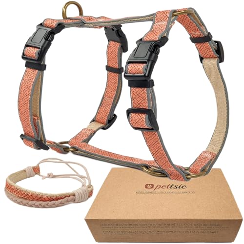 Pettsie No-Pull Hundegeschirr, reflektierend, 4 verstellbare Riemen, einfache Kontrolle mit 2 Leinenclips, passendes Freundschaftsarmband, weicher Hanf für empfindliche Haut, M, Orange von pettsie