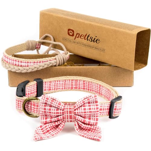 Pettsie Hundehalsband mit Fliege und Freundschaftsarmband, einstellbare Größen S und M, Komfortables Designer Hanf, stark und langlebig, tolles Geschenk für Hundeliebhaber, S, Rosa von pettsie