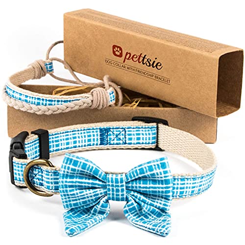 Pettsie Hundehalsband mit Fliege und Freundschaftsarmband, Größen S und M, Komfortables Designer Hanf, stark und langlebig, tolles Geschenk für Hundeliebhaber in attraktiven Verpackung, M, Blau von pettsie