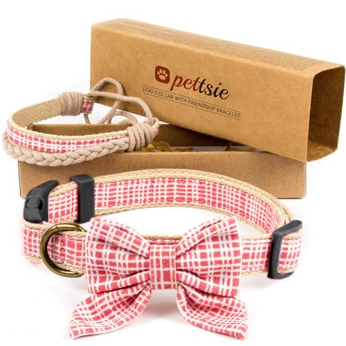 pettsie Hundehalsband mit Fliege und Freundschaftsarmband, einstellbare Größen S und M, haustierfreundlicher Hanf, stark und langlebig, tolles Geschenk für Hundeliebhaber in Geschenkbox (M, Rosa) von pettsie