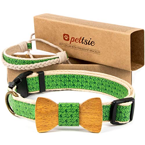 Pettsie Hundehalsband mit Fliege und Freundschaftsarmband, einstellbare Größen S und M, Komfortables Designer Hanf, stark und langlebig, tolles Geschenk für Hundeliebhaber, M, Grün von pettsie