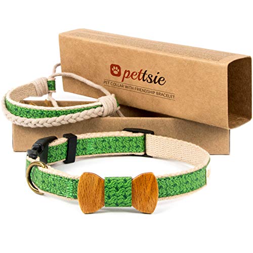 Pettsie Hundehalsband mit Fliege und Freundschaftsarmband, einstellbare Größen S und M, Komfortables Designer Hanf, stark und langlebig, tolles Geschenk für Hundeliebhaber, S, Grün von pettsie