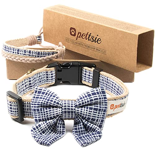 Pettsie Hundehalsband mit Fliege und Freundschaftsarmband, einstellbare Größen S und M, Komfortables Designer Hanf, stark und langlebig, tolles Geschenk für Hundeliebhaber, M, Dunkelblau von pettsie