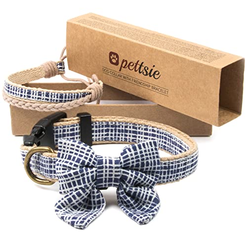 pettsie Hundehalsband mit Fliege und Freundschaftsarmband, einstellbare Größen S und M, haustierfreundlicher Hanf, tolles Geschenk für Hundeliebhaber in Geschenkbox (S, Dunkelblau) von pettsie