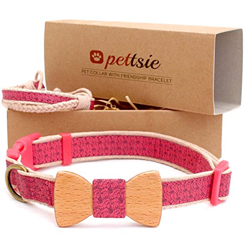 Pettsie Hundehalsband mit Fliege und Freundschaftsarmband, einstellbare Größen XS, S und M, Komfortables Designer Hanf, stark und langlebig, tolles Geschenk für Hundeliebhaber, M, Rosa von pettsie