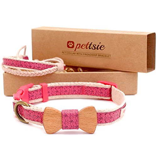 Pettsie Hundehalsband mit Fliege und Freundschaftsarmband, einstellbare Größen XS, S und M, Komfortables Designer Hanf, stark und langlebig, tolles Geschenk für Hundeliebhaber, S, Rosa von pettsie