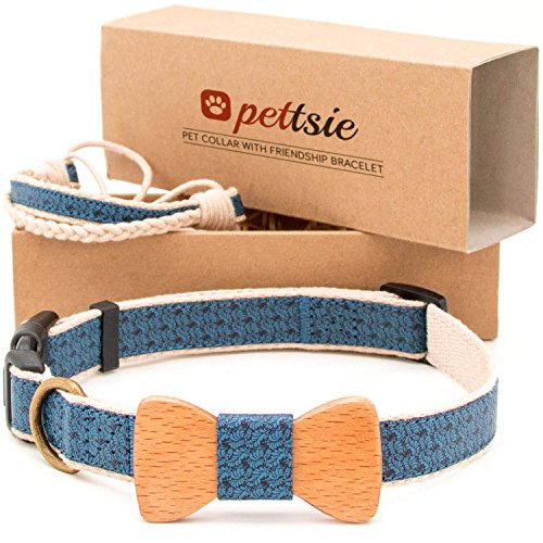 Pettsie Hundehalsband mit Fliege und Freundschaftsarmband, einstellbare Größen XS, S und M, Komfortables Designer Hanf, stark und langlebig, tolles Geschenk für Hundeliebhaber, M, Blau von pettsie