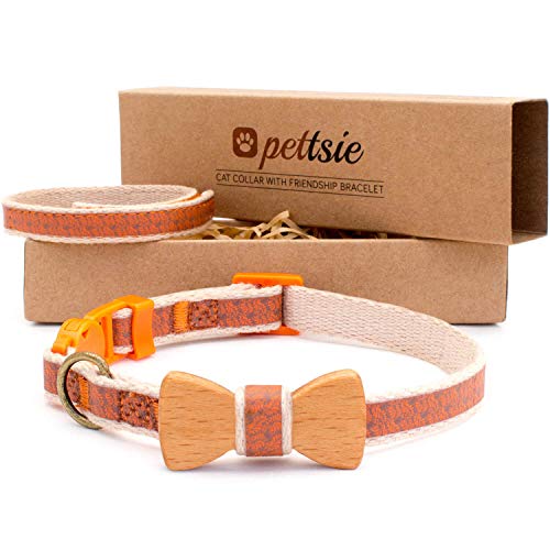 Pettsie Katzenhalsband mit Schleife & Freundschaftsarmband–Verstellbares Baumwoll-Halsband mit Sicherheitsverschluss für Katzen & Kätzchen–Geschenkset für Katzenfreunde & Tierliebhaber, 8-11'',Orange von pettsie