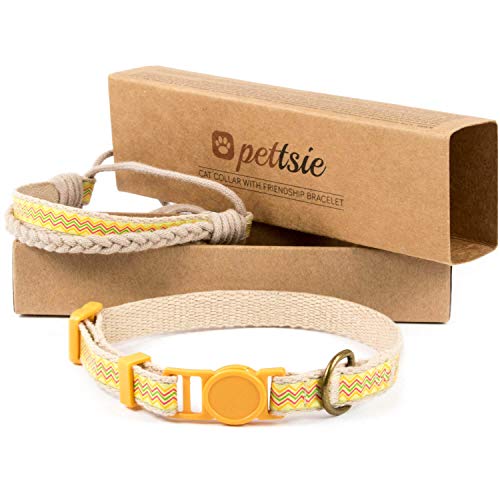 Pettsie Katzenhalsband mit Sicherheitsverschluss und Freundschaftsarmband für Sie, Starke Baumwolle, D-Ring für Zubehör, einstellbare Größe 12,7-20,3 cm, Gelb von pettsie