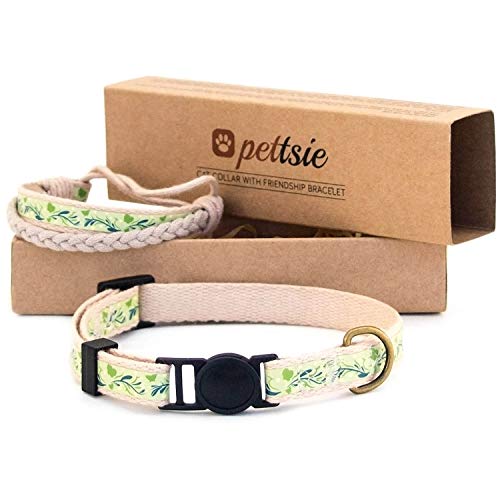 Pettsie Katzenhalsband und Freundschaftsarmband Set, Sicheres Design mit Weicher Baumwolle, D-Ring für Zubehör, Einfach Einstellbare Größe 12,7-20,3 cm, Grün von pettsie