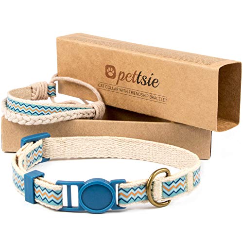 Pettsie Katzenhalsband mit Sicherheitsverschluss und Freundschaftsarmband für Sie, Starke Baumwolle, D-Ring für Zubehör, einstellbare Größe 19-29 cm, blau von pettsie