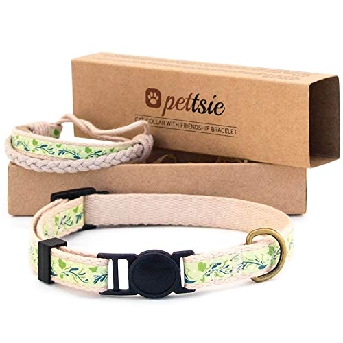 Pettsie Katzenhalsband und Freundschaftsarmband Set, Sicheres Design mit Weicher Baumwolle, D-Ring für Zubehör, Einfach Einstellbare Größe 19-29 cm, Grün von pettsie