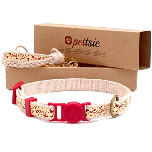 Pettsie Katzenhalsband und Freundschaftsarmband Set, Sicheres Design mit Weicher Baumwolle, D-Ring für Zubehör, Einfach Einstellbare Größe 19-29 cm, Rot von pettsie