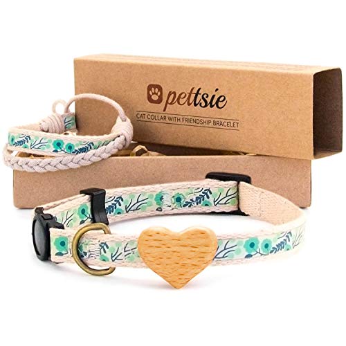 Pettsie Katzenhalsband mit Sicherheitsverschluss und Herz aus hochwertigem Buchenholz, Freundschaftsarmband für Sie, Starke Baumwolle, D-Ring für Zubehör, einstellbare Größe 20,3-28 cm, Grün von pettsie