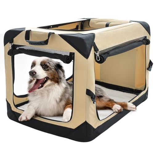 Pettycare 91,4 cm faltbare Hundebox für große Hunde, 4-türig, faltbar, weiche Hundehütte mit kaufesten Netzfenstern, für drinnen und draußen, Reise-Hundebox, Beige von pettycare