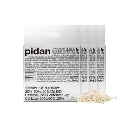 pidan Cassava & Tofu Katzenstreu mit Bentonit (4 x 2,4 kg/6 l), 60 % Tofu, 20 % Maniok, 20 % Bentonit, schnelles Verklumpen, starke Geruchskontrolle, staubarm, pflanzliche Mischung von pidan