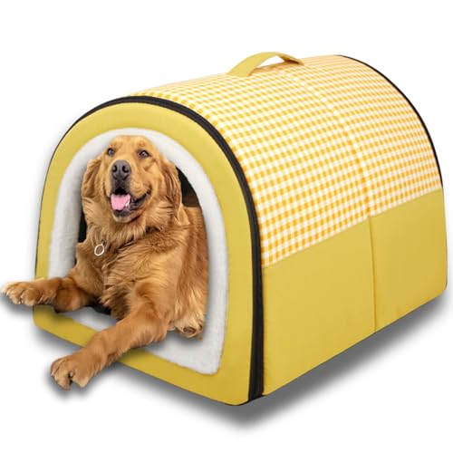 2-in-1-Hundehütte, große Haustierhöhle, beruhigende Hundehütte, Anti-Angst, weiches, warmes Kissen, abnehmbar, waschbar, Katzen-Iglu-Bett, rutschfest (Gelb, Größe XL - 70 x 55 x 45 cm) von ping bu
