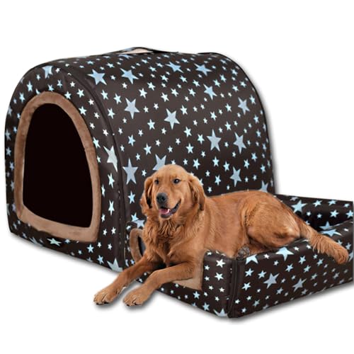 Hundebett, 2-in-1-Hundehütte, warm, große Haustierhöhle, wasserdicht, luxuriöses Haustierhaus, abnehmbar, Anti-Angst-Katzen-Hundebetten für drinnen und draußen (90 x 68 x 66 cm, B) von ping bu