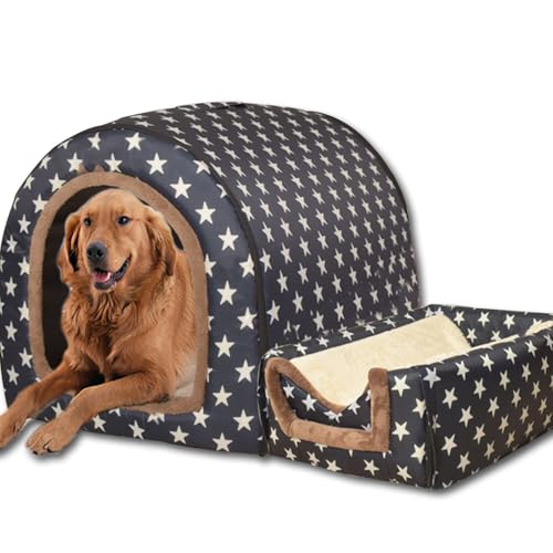 Hundebett, 2-in-1-Hundehütte, warm, große Haustierhöhle, wasserdicht, luxuriöses Haustierhaus, abnehmbar, Anti-Angst-Katzen-Hundebetten für drinnen und draußen (90 x 68 x 66 cm, D) von ping bu