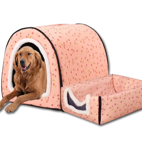 Hundebett, 2-in-1-Hundehütte, warm, große Haustierhöhle, wasserdicht, luxuriöses Haustierhaus, abnehmbar, Anti-Angst-Katzen-Hundebetten für drinnen und draußen (90 x 68 x 66 cm, E) von ping bu